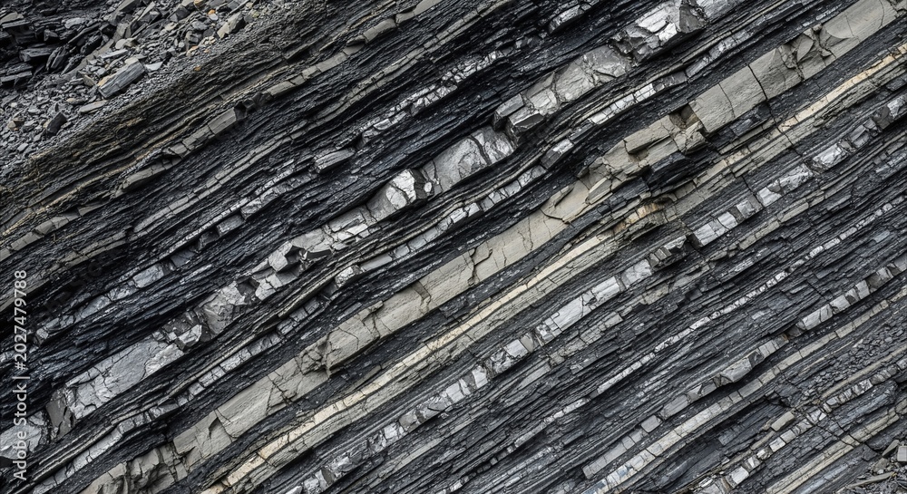 Fototapeta premium Geological rock strata displaying rich black and gray layers, revealing underground earth formation and natural patterns