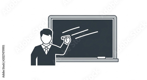 Professional teacher writing on a large blackboard in a classroom