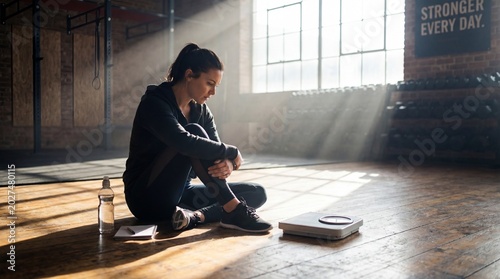 tired caucasian woman sitting on gym floor looking at weighing scale. female athlete resting after hard workout. weight loss struggle, diet goals concept. banner, website header with copyspace.