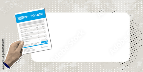 Trendy Halftone Collage Hand holding Invoice sheet, bill with space for text in dotted pop art style. Illustration, invoice payment concept