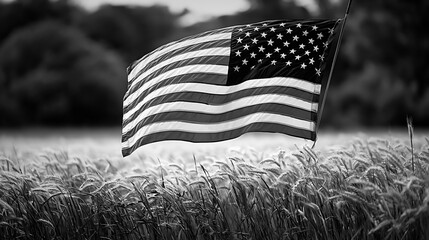 American flag waving over a wheat field at Gettysburg battlefield