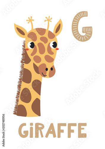 Obraz na plátne Cute giraffe face, letter G, text, illustration isolated