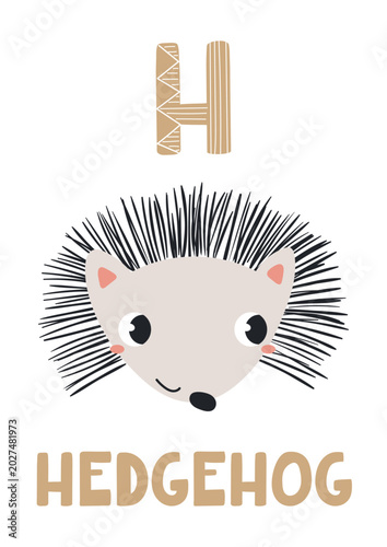 Schilderij op canvas Cute hedgehog face, letter H, text, illustration isolated