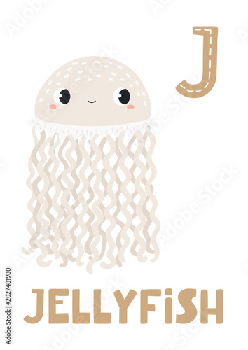 Cute jellyfish, letter J, text, illustration isolated. ABC card, cartoon animal character. Kids English alphabet, preschool, school learning. Hand drawn flat vector clip art, design element