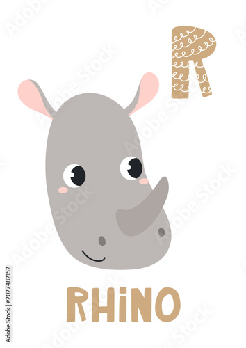 Cute rhino face, letter R, text, illustration isolated. ABC card, cartoon ani...