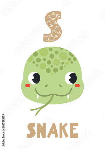 Cute snake face, letter S, text, illustration isolated. ABC card, cartoon ani...