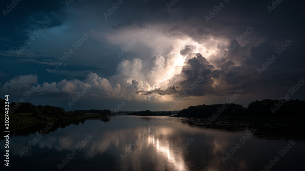 Obraz premium Thunderstorm above a river, dramatic clouds reflecting in water