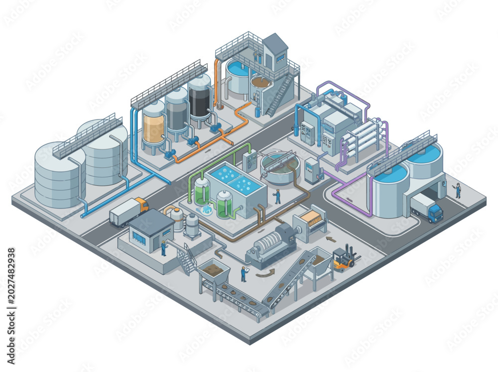 Obraz premium Industrial Water Treatment Plant with Storage Tanks Pipelines and Processing Equipment