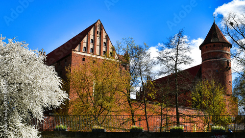 Panoramiczne zdjęcie zamku krzyżackiego w Olsztynie wiosną