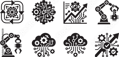 Artificial intelligence automation database microchip industry integration and smart computing workflow engineering black solid glyph icons set with robotic arm electronic circuit data processing clou
