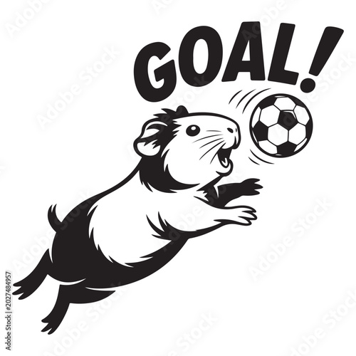 Funny guinea pig soccer player vector, cute cavy heading a football with Goal text, black and white sports pet illustration
