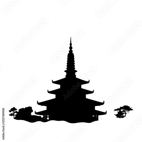 solid black silhouette pagoda temple mist logo symbol vector illustration design sign white background icon character