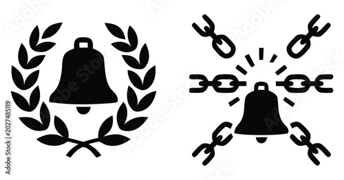 Tableau sur toile black silhouette of a bell with laurel wreath and breaking chains isolated vecto