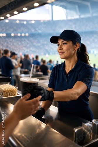 Smiling woman vendor in baseball cap serving beverage and snack at stadium concession stand. Professional food service worker at soccer match. Customer service and event catering
