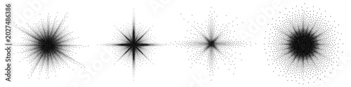 Black star burst, vector grunge sparkle with stipple grainy texture. Pointillism dots star gradient or dotwork pattern. Grain noise halftone
