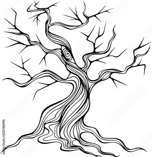 Old twisted branches dry tree. Dead tree. For Halloween decor, coloring page, spooky themed design. Vector illustration in hand drawn doodle sketch style. Line art isolated on white for print