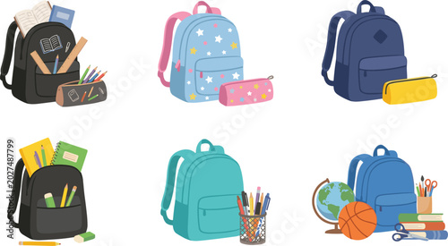 Colorful School Backpack Vector Set Collection with Stationery Supplies Books and Education Accessories for Back to School Kids Design