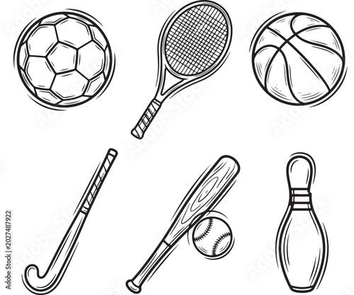 Foto Sports Equipment Icons Set with Soccer Ball Basketball Tennis Racket Baseball Ba