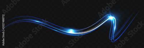 Glowing blue light wave with smooth neon trails and futuristic energy effect on transparent background for digital overlays, sci-fi visuals, gaming, and modern motion design.
