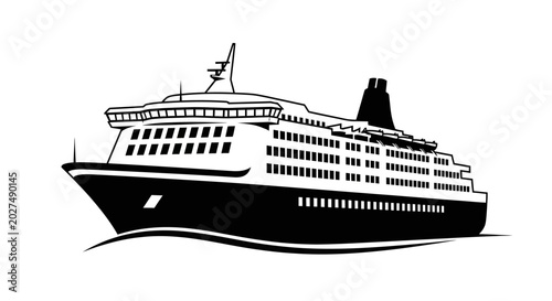 Schilderij op canvas Detailed black silhouette of a large passenger cruise ship on water isolated on