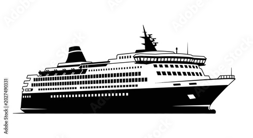 Schilderij op canvas Detailed black silhouette of a large passenger cruise ship on a white background