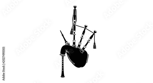 Detailed black silhouette of a scottish bagpipe instrument with ornate details on a white background silhouette high quality professional detailed modern elegant stylish clean