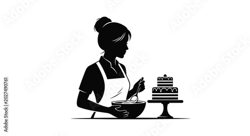 baker silhouette with cake and bowl on transparent background