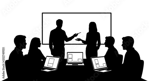 business meeting with people presenting and using laptops in a conference room black silhouette high quality professional detailed modern elegant stylish clean crisp vibrant
