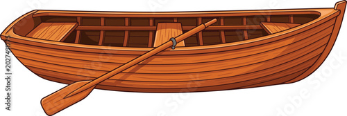 Slika na platnu Classic Wooden Rowboat with Oar Vector Illustration for Fishing, Lake Transport,