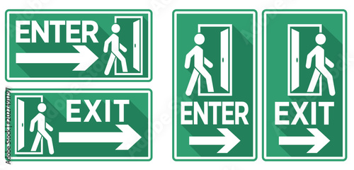Enter and Exit signs with a man silhouette symbol. Vector door boards horizontal and vertical