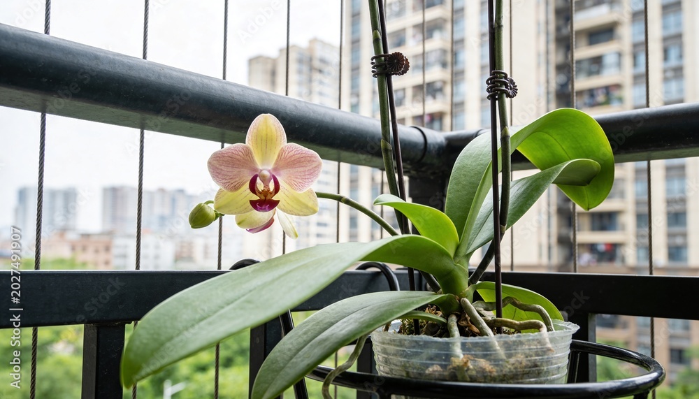 Fototapeta premium Phalaenopsis orchid flower in bloom on an urban balcony.