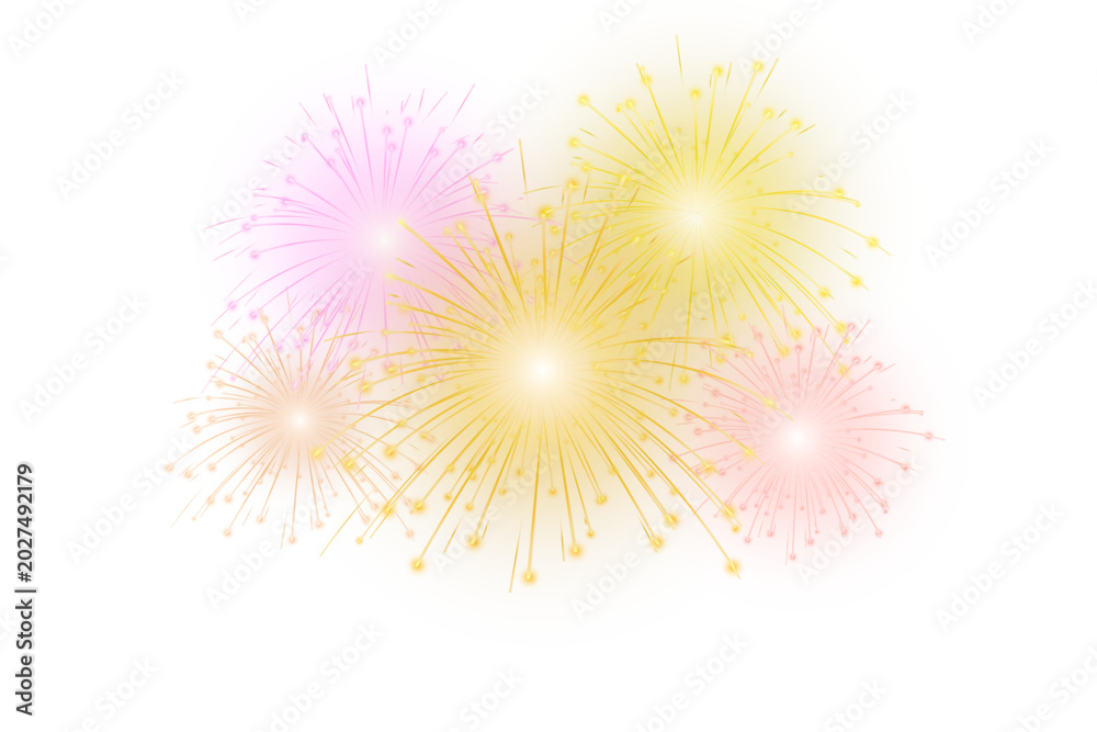 Obraz premium Collection of golden light fireworks on transparent PNG background. Vector New Year firework set for holiday decoration, poster, banner, wallpaper, and festive cover design art.