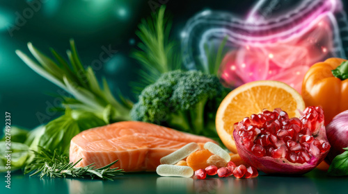 Healthy foods with glowing digestive system concept, salmon, pomegranate, vegetables, supplements, and gut health nutrition