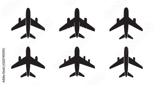 Photos Aviation silhouette set featuring passenger jets with distinct engines and aerodynamic wing shapes