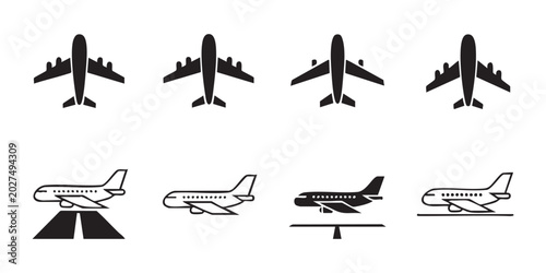 Photos Landing airplane icons and takeoff runway symbols with commercial jet silhouettes in flight vector