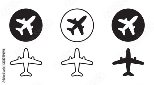 Vector icon set of airplanes inside circles and standalone symbols for travel and aviation design.