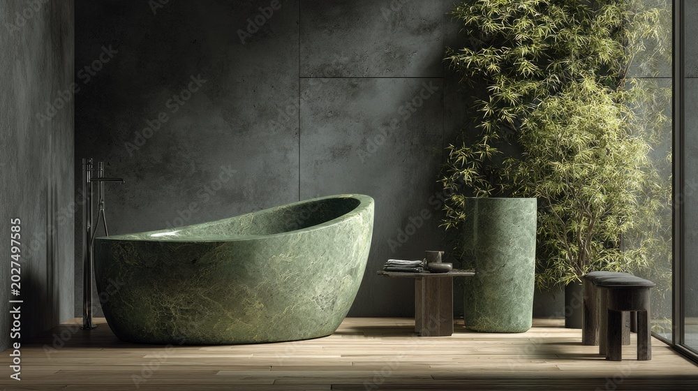 Fototapeta premium Modern bathroom interior featuring a futuristic olive green mineral-inspired bin with natural stone texture. Climbing plant adds soft organic contrast.