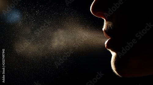 Human mouth exhaling a cloud of fine particles and dust into the air, backlit dramatically on a dark background, showing airborne elements