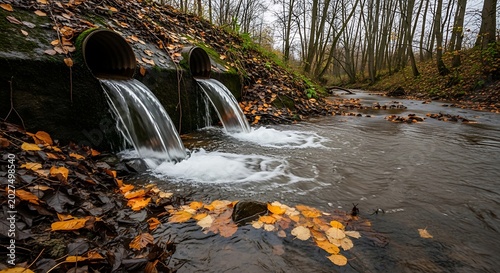 Twin Drainage Pipes Pouring Water Into Autumn Forest Creek