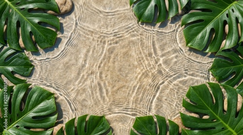 Monstera Leaf Frame Over Clear Rippled Water with River Stones
