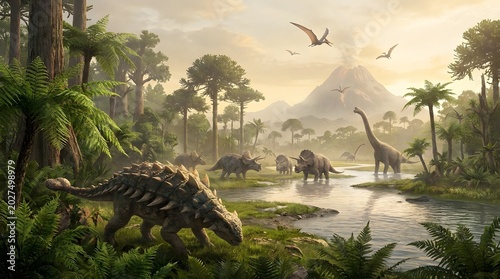 Prehistoric Landscape with Dinosaurs and Volcanic Mountain During Sunrise
