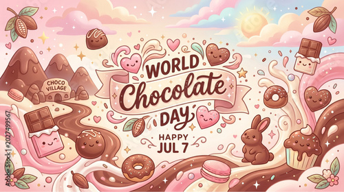 Whimsical world chocolate day celebration with choco village, chocolate