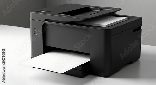 Black Multifunction Printer Printing Paper on White Office Desk