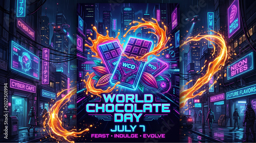 World chocolate day celebration with chocolate bars in neon city background