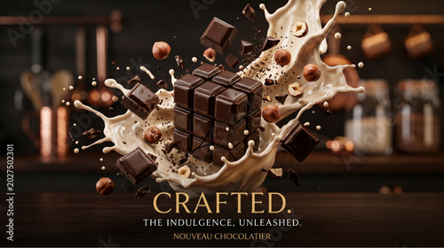 Luxury chocolate cube with splashing cream and hazelnuts in a kitchen setting