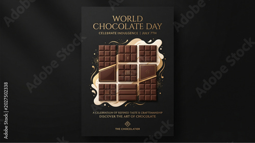 World chocolate day elegant poster showcasing chocolate squares and gold accents