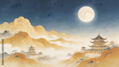 Traditional Asian landscape with pagodas and moon