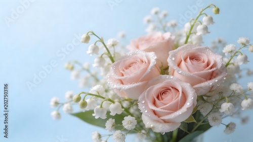 Pink roses with white flowers and dewdrops