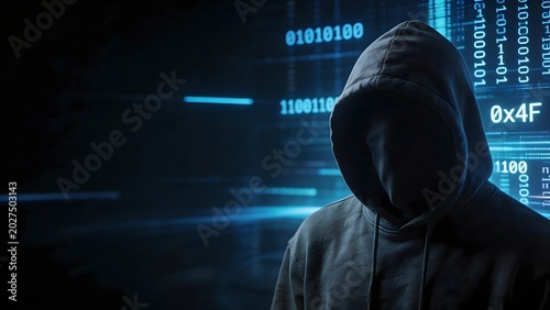 Hooded figure in digital code background