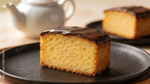 Cake slice with chocolate glaze on plate